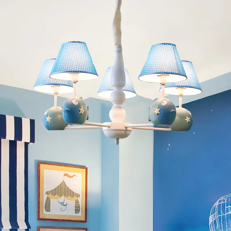 Blue Dot Shade Kroonluchter met Vis 5 Lampen Moderne Stijl Metalen Hanglamp voor Studeerkamer Clearhalo