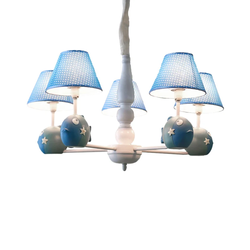 Blue Dot Shade Kroonluchter met Vis 5 Lampen Moderne Stijl Metalen Hanglamp voor Studeerkamer Clearhalo