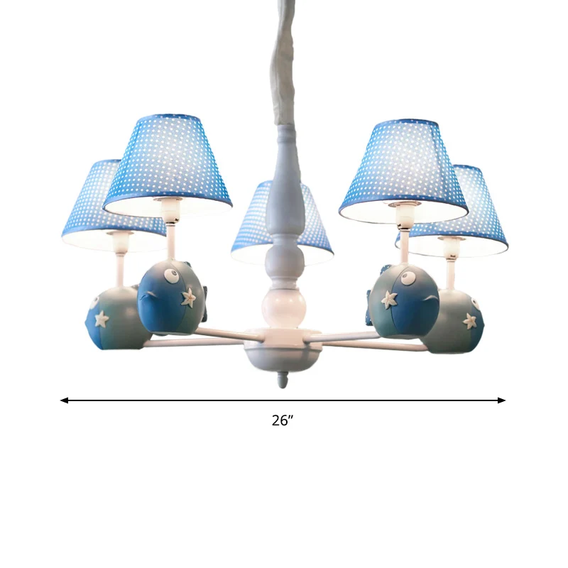 Blue Dot Shade Kroonluchter met Vis 5 Lampen Moderne Stijl Metalen Hanglamp voor Studeerkamer Clearhalo