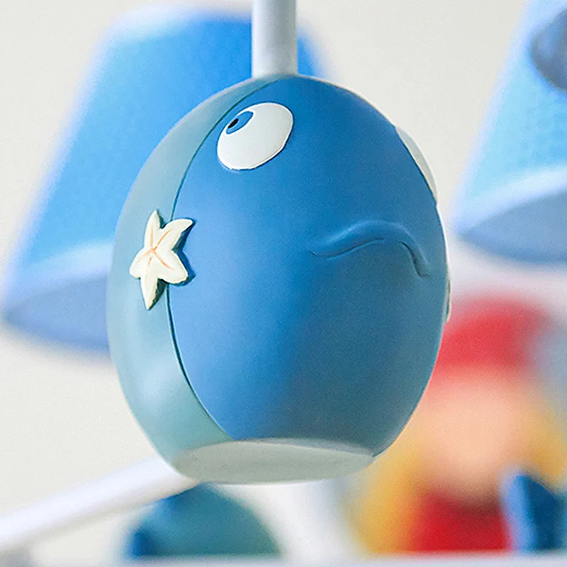 Blue Dot Shade Kroonluchter met Vis 5 Lampen Moderne Stijl Metalen Hanglamp voor Studeerkamer Clearhalo