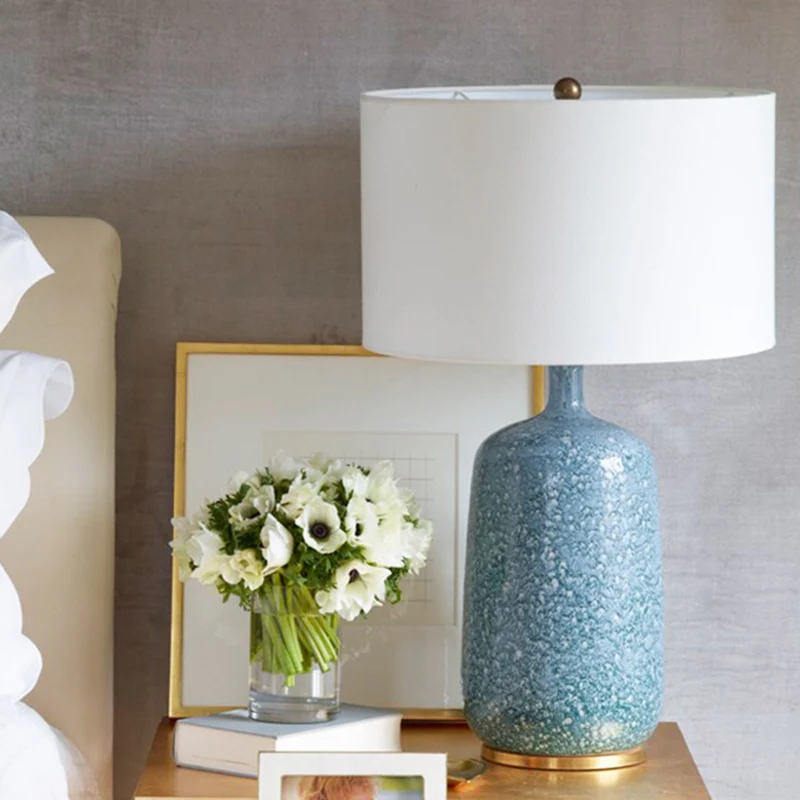 Blue Drum Tafellamp Minimalistische 1-lamps stoffen nachtkastjeverlichting met keramische voet Clearhalo