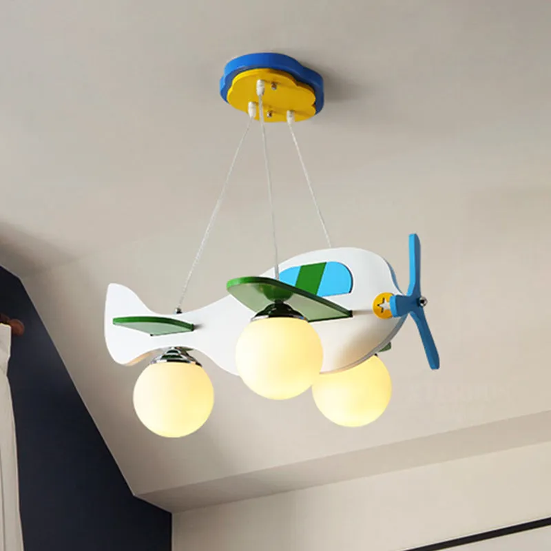 Blue Plane Suspension Lighting Kids 3-lampen ivoorkleurige glazen multi-lichthanger voor kinderslaapkamer Clearhalo