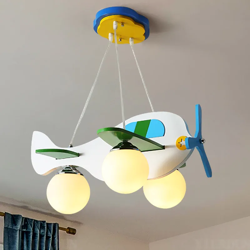 Blue Plane Suspension Lighting Kids 3-lampen ivoorkleurige glazen multi-lichthanger voor kinderslaapkamer Clearhalo