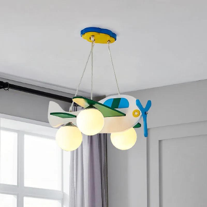 Blue Plane Suspension Lighting Kids 3-lampen ivoorkleurige glazen multi-lichthanger voor kinderslaapkamer Clearhalo