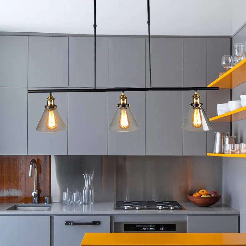 Boerderij Cone Shade hangende hanglamp 3-lichts eilandlamp van helder glas zwart voor eetkamer Clearhalo