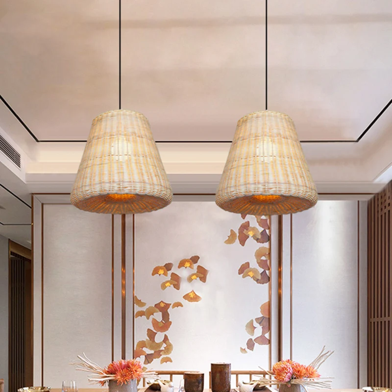 Boerderij geweven conische hanglamp rotan 1-lamps restaurant hangend verlichtingsarmatuur beige Clearhalo