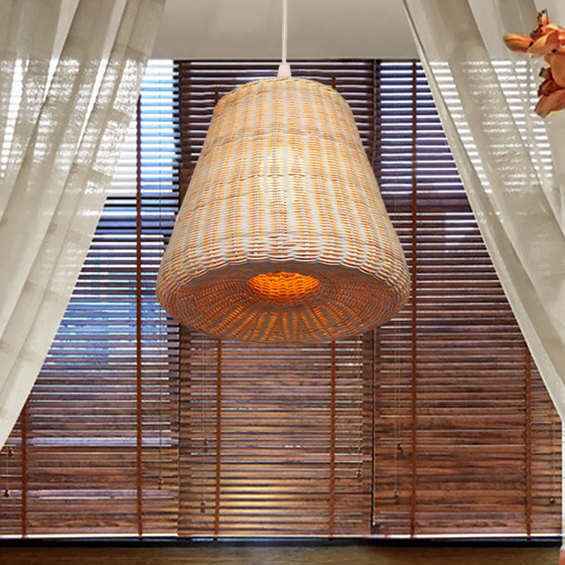 Boerderij geweven conische hanglamp rotan 1-lamps restaurant hangend verlichtingsarmatuur beige Clearhalo
