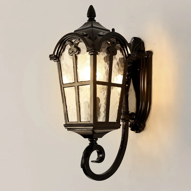Boerderijlantaarn Schanslamp 1-lichts metalen wandlamp zwart/messing met waterglazen kap Clearhalo