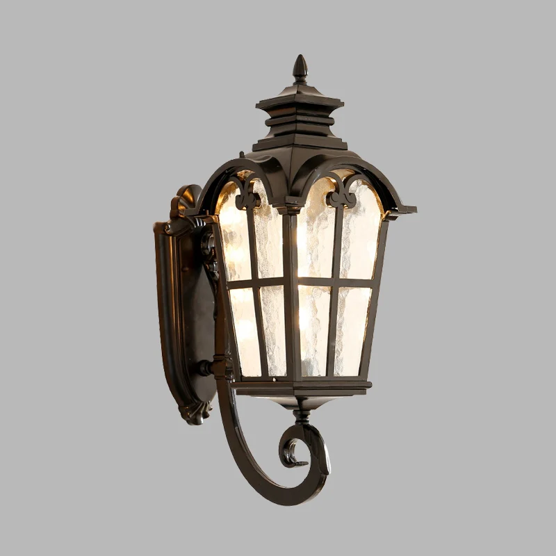 Boerderijlantaarn Schanslamp 1-lichts metalen wandlamp zwart/messing met waterglazen kap Clearhalo