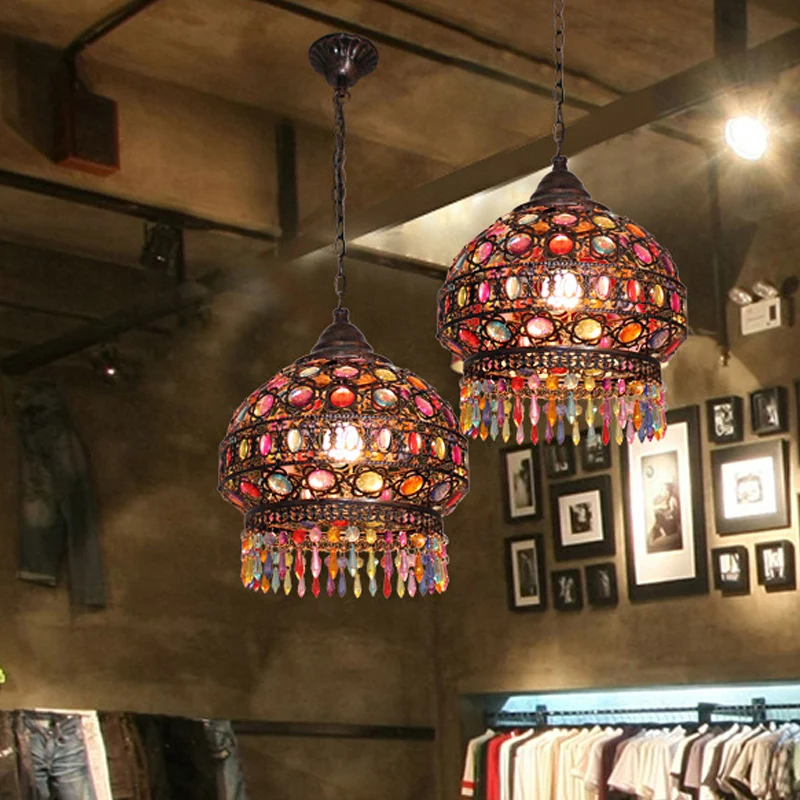 Boheemse koepel/cilinder slingerlamp, enkele lamp, glas--lood plafond-ophanglamp koper met franje Clearhalo