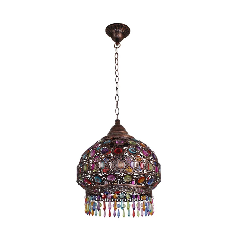 Boheemse koepel/cilinder slingerlamp, enkele lamp, glas--lood plafond-ophanglamp koper met franje Clearhalo