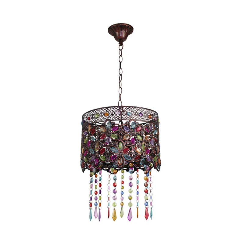 Boheemse koepel/cilinder slingerlamp, enkele lamp, glas--lood plafond-ophanglamp koper met franje Clearhalo