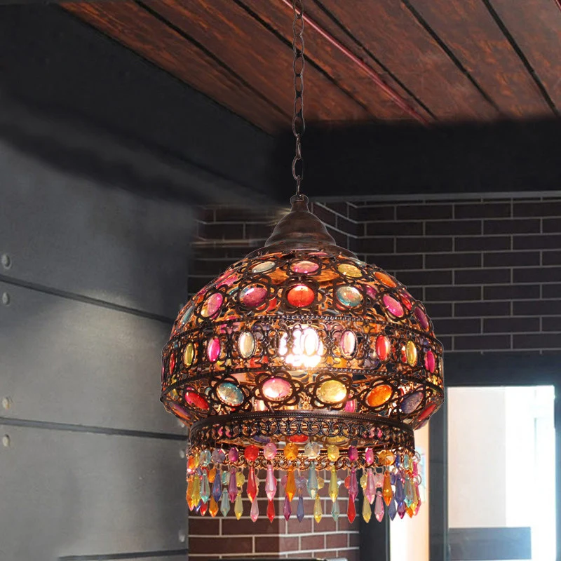 Boheemse koepel/cilinder slingerlamp, enkele lamp, glas--lood plafond-ophanglamp koper met franje Clearhalo