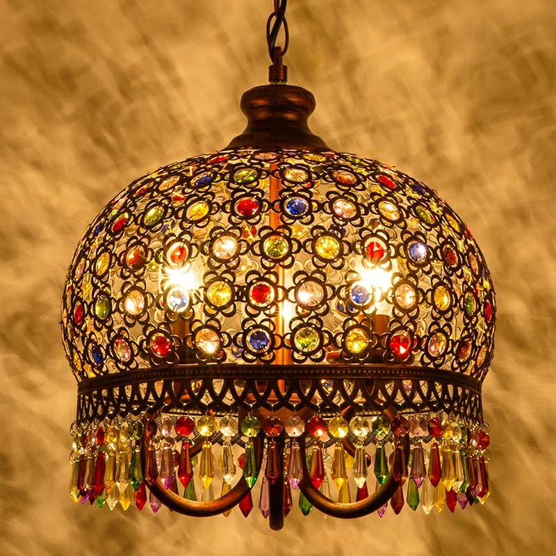 Boheemse koepelplafondlamp, 3 lampen, ijzeren hangende hanglamp met kristallen drapering voor woonkamer Clearhalo