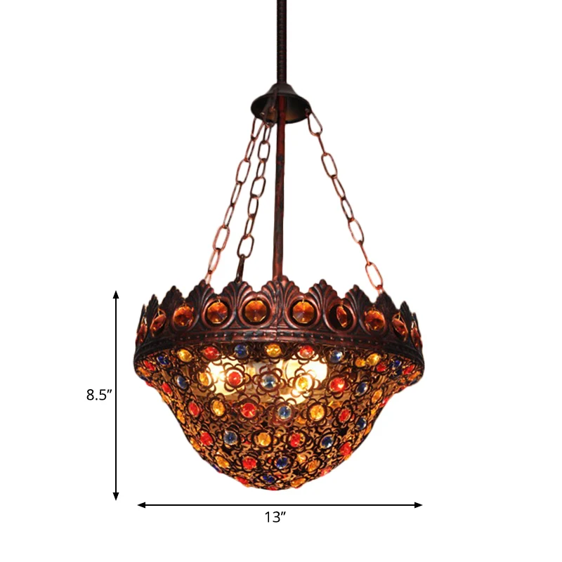 Bohemia Bowl-plafondlamp Kristal en Metaal 3-lichts hanglamp rustiek koper voor gang Clearhalo