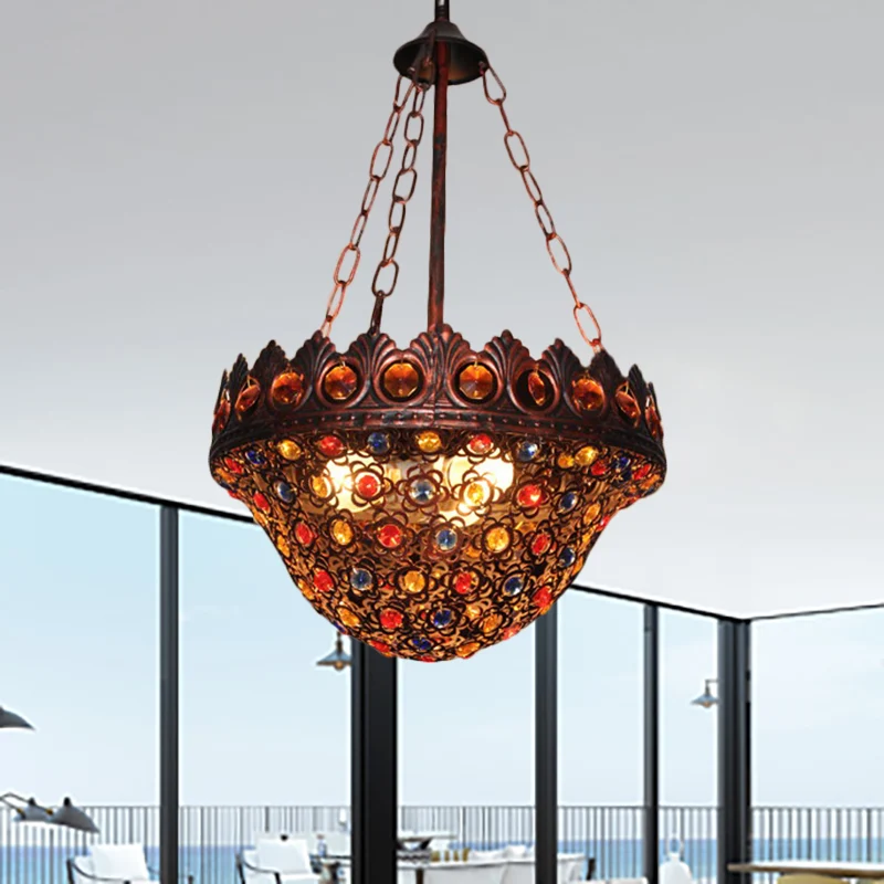 Bohemia Bowl-plafondlamp Kristal en Metaal 3-lichts hanglamp rustiek koper voor gang Clearhalo