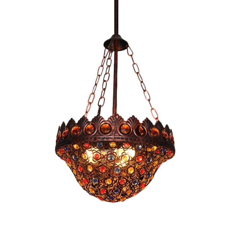 Bohemia Bowl-plafondlamp Kristal en Metaal 3-lichts hanglamp rustiek koper voor gang Clearhalo