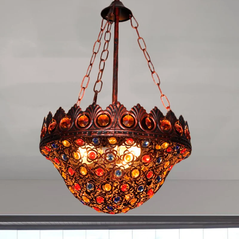 Bohemia Bowl-plafondlamp Kristal en Metaal 3-lichts hanglamp rustiek koper voor gang Clearhalo