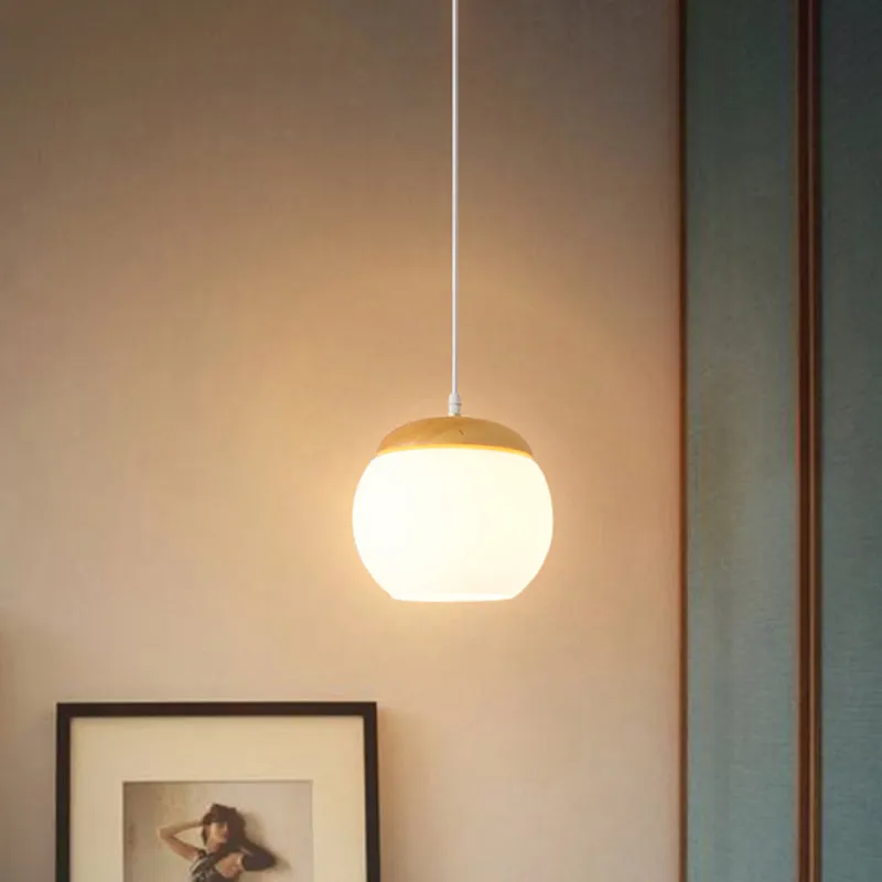 Bol hangend lichtarmatuur Eenvoudig melkachtig glas 1-kops houten druppelhanger voor nachtkastje Clearhalo