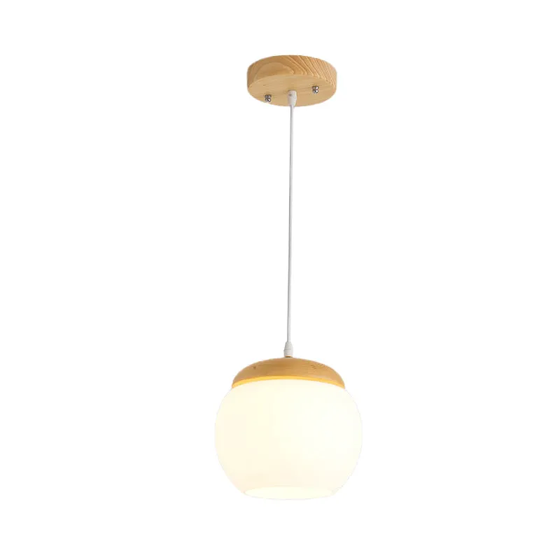Bol hangend lichtarmatuur Eenvoudig melkachtig glas 1-kops houten druppelhanger voor nachtkastje Clearhalo