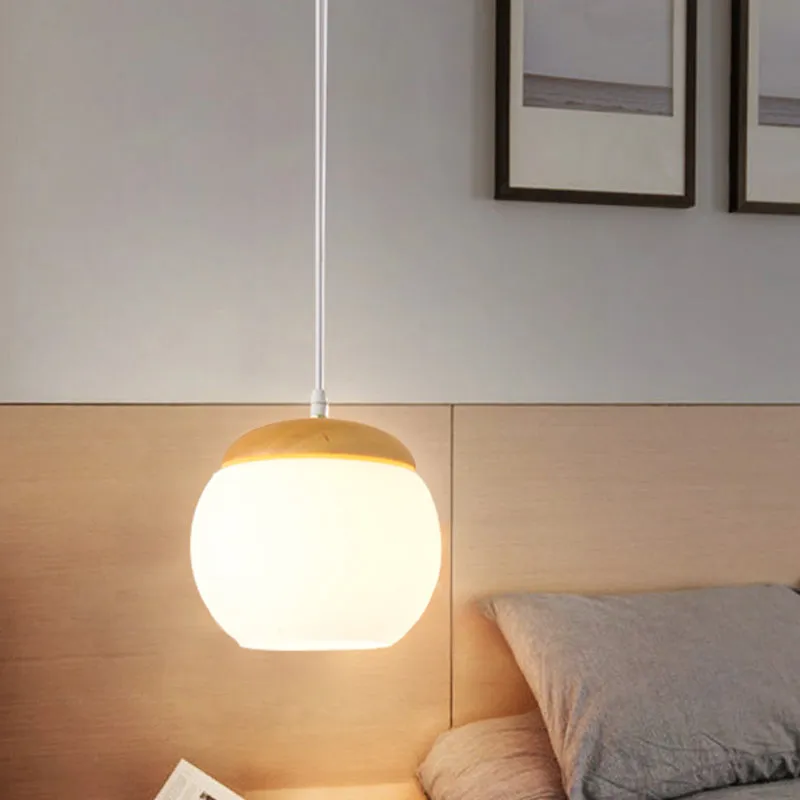 Bol hangend lichtarmatuur Eenvoudig melkachtig glas 1-kops houten druppelhanger voor nachtkastje Clearhalo