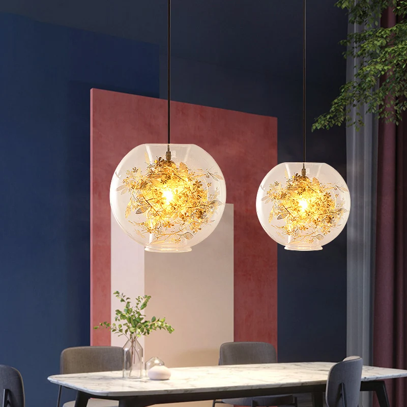 Bol hanglamp modern helder glas 1 kop gouden hanglamp met verbrijzelde bladeren aan de binnenkant Clearhalo