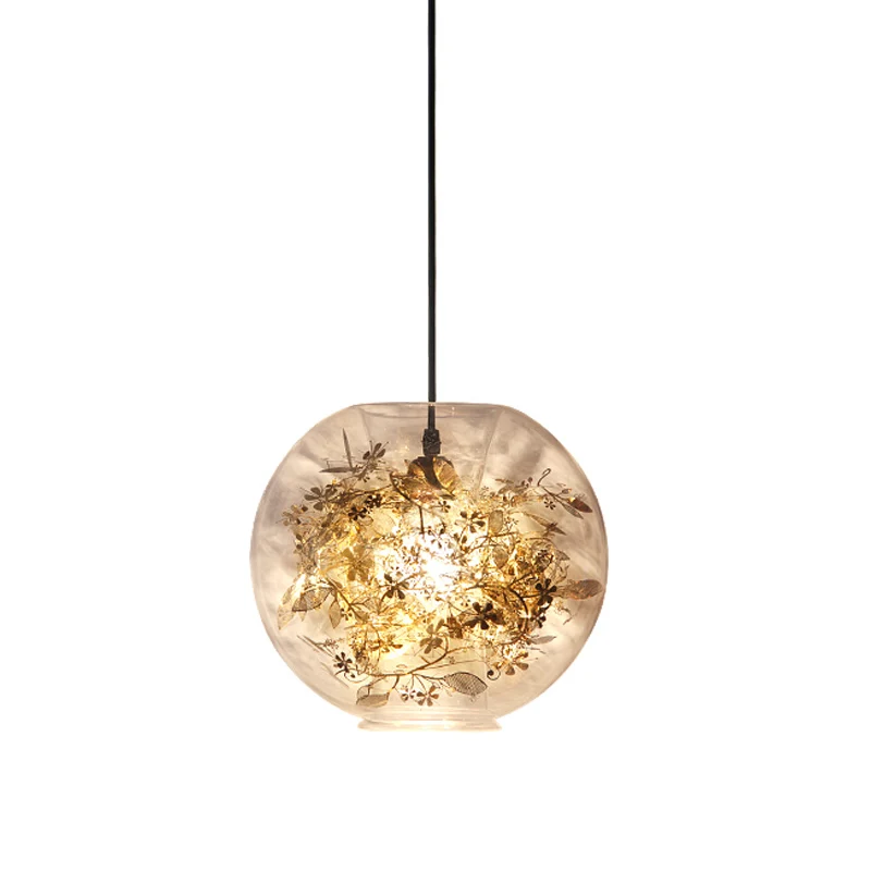 Bol hanglamp modern helder glas 1 kop gouden hanglamp met verbrijzelde bladeren aan de binnenkant Clearhalo