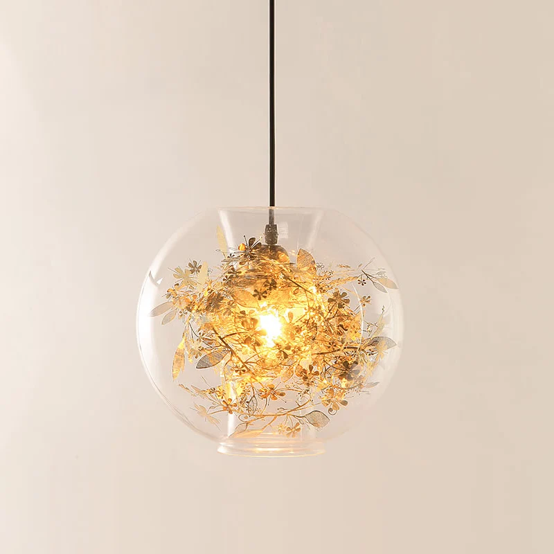 Bol hanglamp modern helder glas 1 kop gouden hanglamp met verbrijzelde bladeren aan de binnenkant Clearhalo