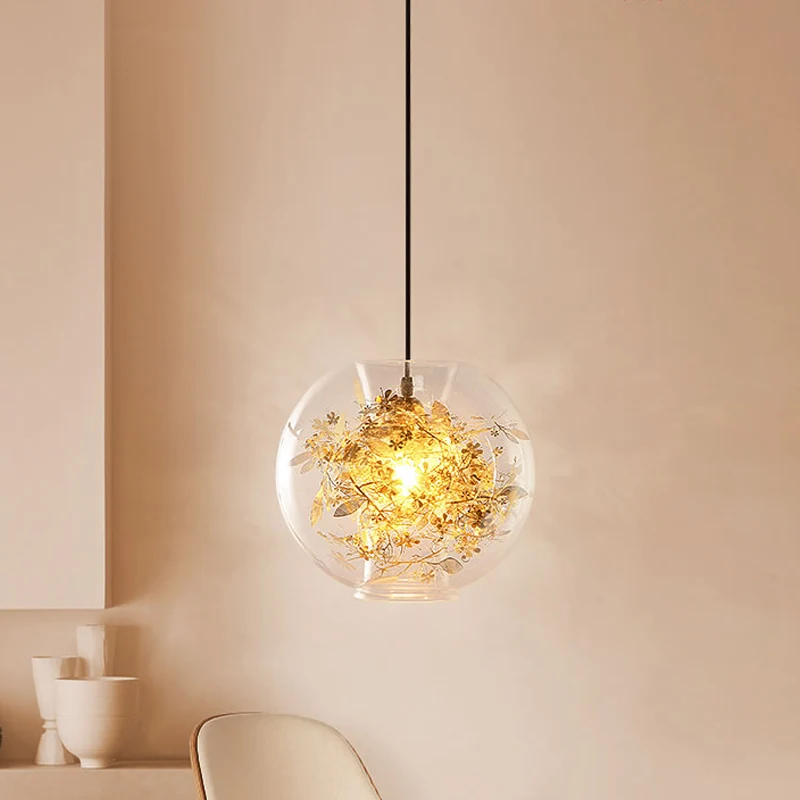 Bol hanglamp modern helder glas 1 kop gouden hanglamp met verbrijzelde bladeren aan de binnenkant Clearhalo