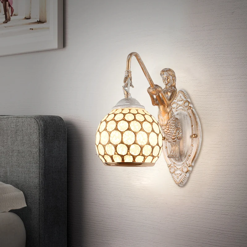 Bol Slaapkamer Wandverlichting Ideeën Traditionele Stijl Metaal 1 Kop Witte Wandkandelaar Licht met Hars Zeemeermin Achter...