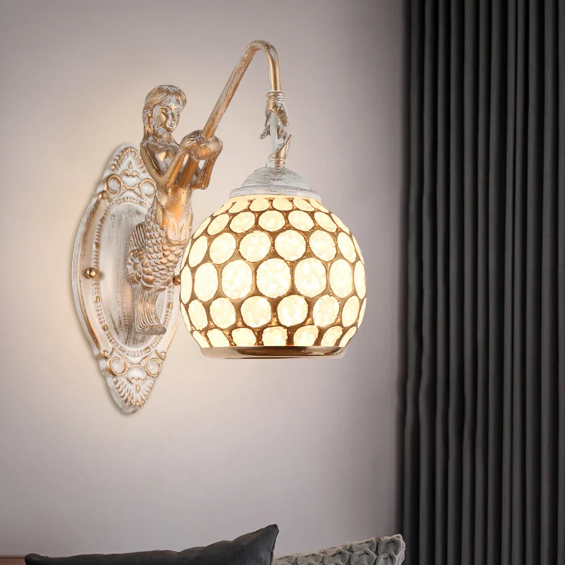 Bol Slaapkamer Wandverlichting Ideeën Traditionele Stijl Metaal 1 Kop Witte Wandkandelaar Licht met Hars Zeemeermin Achter...