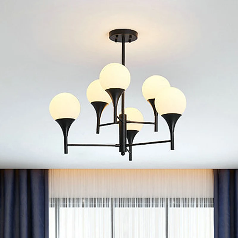 Bol wit glas hangende verlichting eigentijds 6-lichts zwarte kroonluchterlamp voor woonkamer Clearhalo