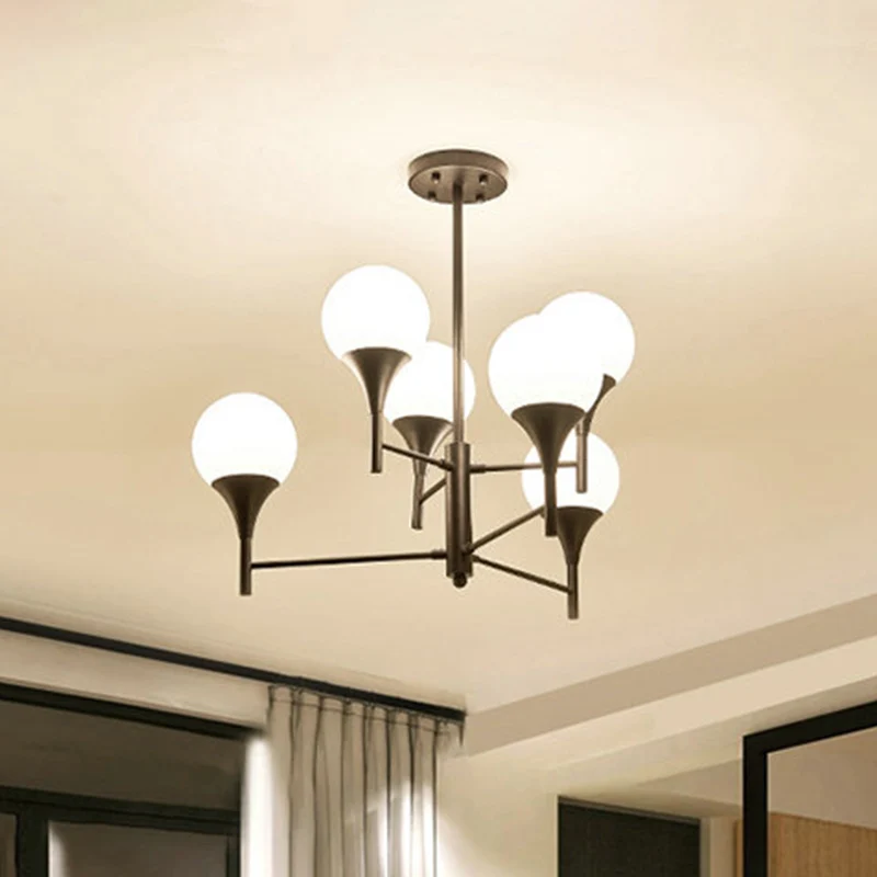 Bol wit glas hangende verlichting eigentijds 6-lichts zwarte kroonluchterlamp voor woonkamer Clearhalo