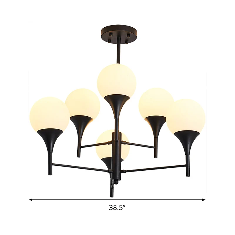 Bol wit glas hangende verlichting eigentijds 6-lichts zwarte kroonluchterlamp voor woonkamer Clearhalo