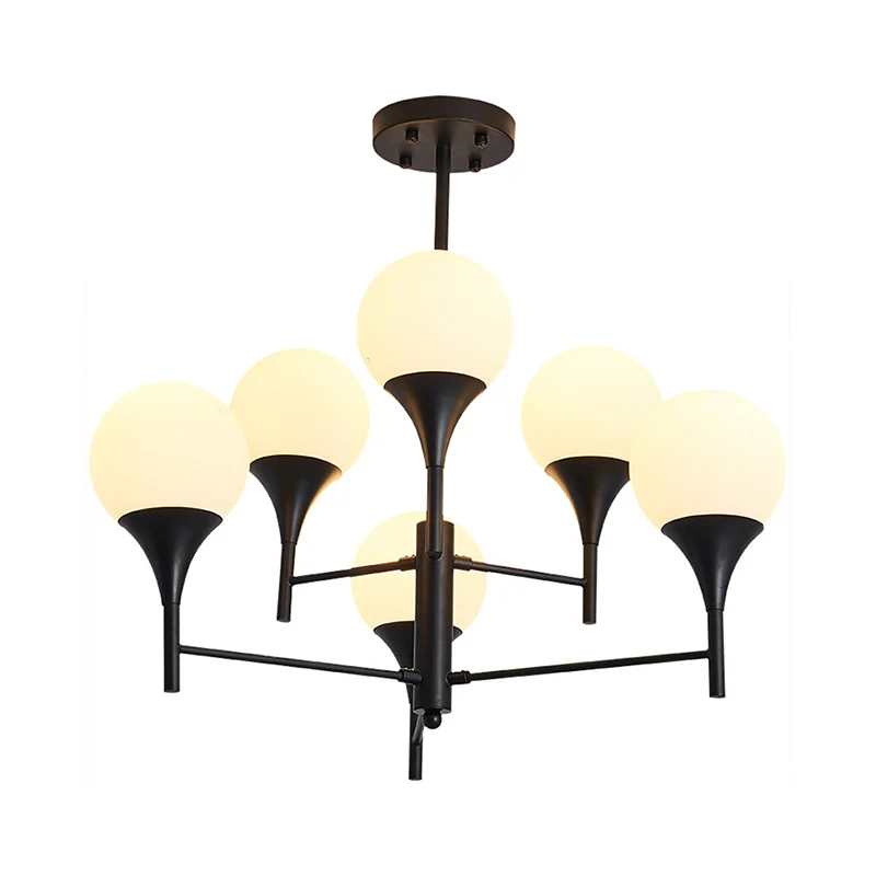 Bol wit glas hangende verlichting eigentijds 6-lichts zwarte kroonluchterlamp voor woonkamer Clearhalo