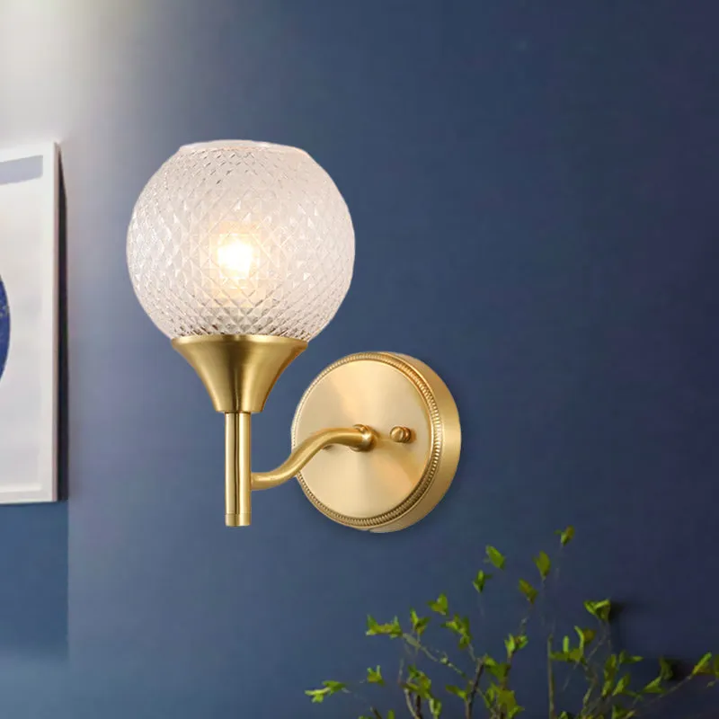Bolvormige gang wandgemonteerde verlichting kolonialistisch helder geribbeld glas 1-lichts gouden blaker Clearhalo