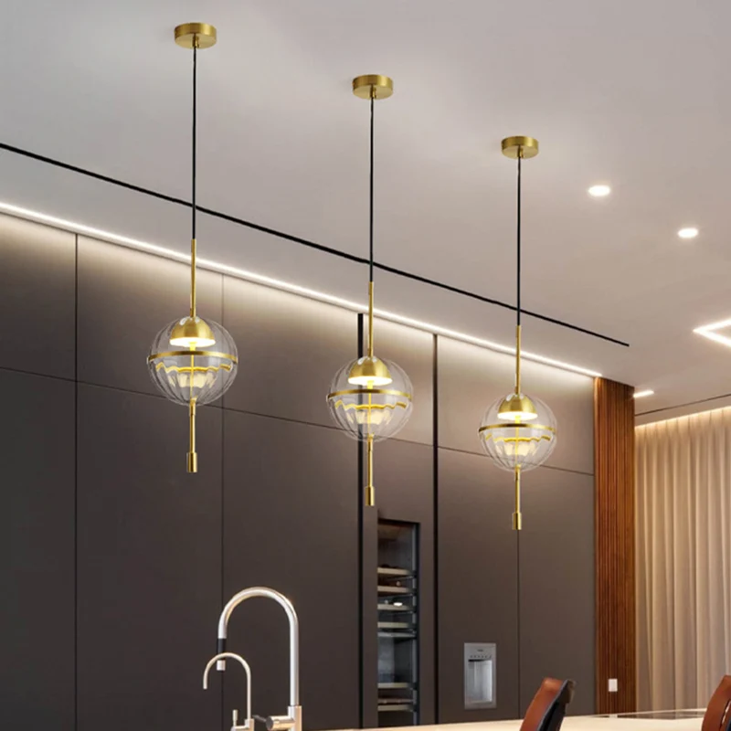 Bolvormige geribbelde glazen hanglampset Postmoderne gouden LED-plafondhanglamp Clearhalo