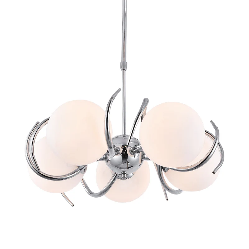 Bolvormige hangende kroonluchter modernisme crèmekleurig glas 5-koppige chroom gedraaide hanglampset Clearhalo