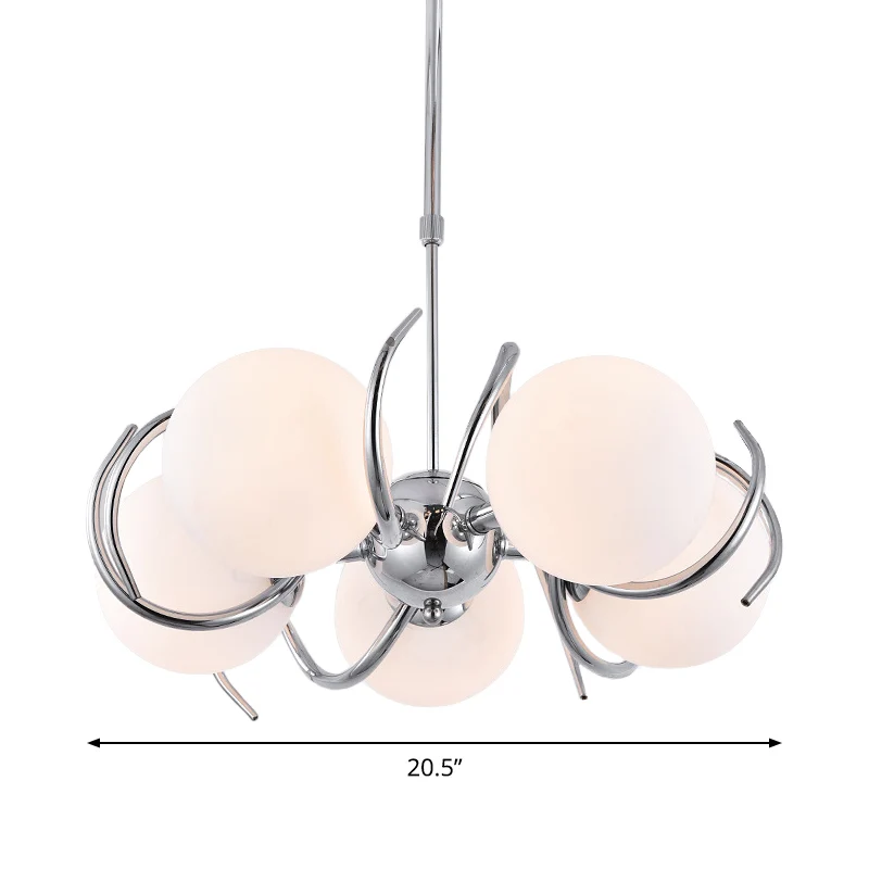 Bolvormige hangende kroonluchter modernisme crèmekleurig glas 5-koppige chroom gedraaide hanglampset Clearhalo