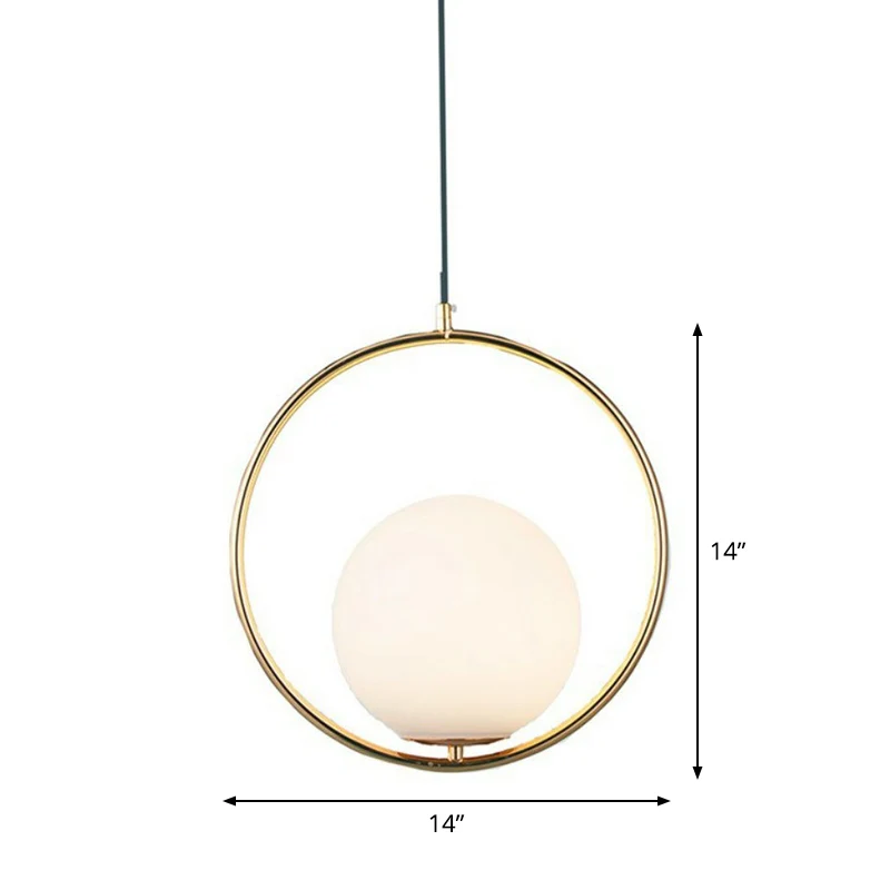 Bolvormige hanglamp van wit glas, postmoderne hanglamp met 1 kop en metalen ring messing Clearhalo