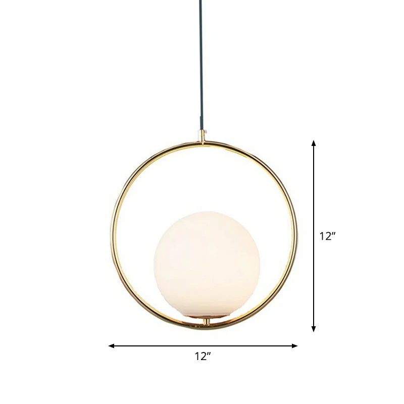 Bolvormige hanglamp van wit glas, postmoderne hanglamp met 1 kop en metalen ring messing Clearhalo