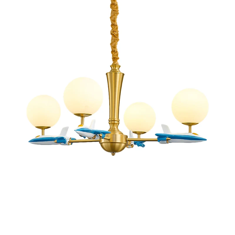 Bolvormige hanglamp voor kinderen, ondoorzichtig glas, 4 lampen, kinderkamer kroonluchter met vliegtuigdeco blauw Clearhalo