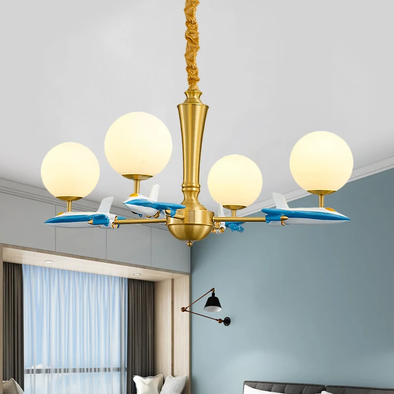 Bolvormige hanglamp voor kinderen, ondoorzichtig glas, 4 lampen, kinderkamer kroonluchter met vliegtuigdeco blauw Clearhalo