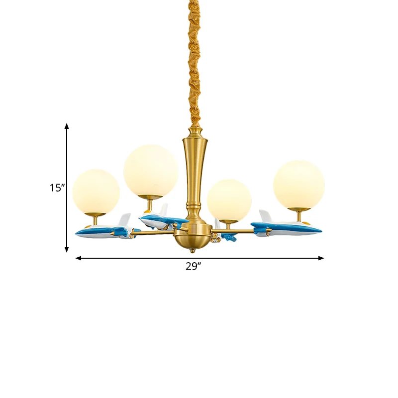Bolvormige hanglamp voor kinderen, ondoorzichtig glas, 4 lampen, kinderkamer kroonluchter met vliegtuigdeco blauw Clearhalo