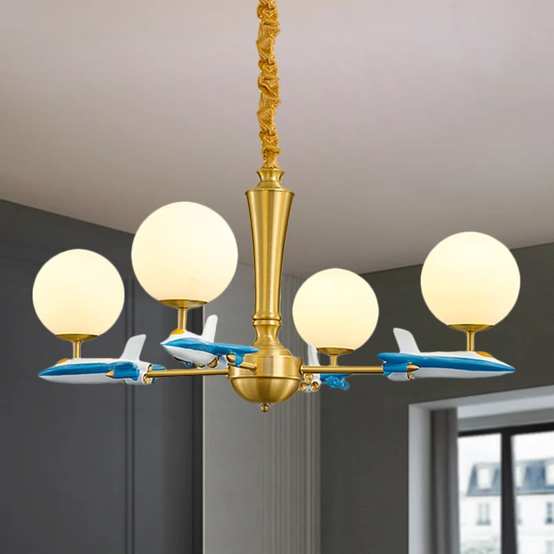 Bolvormige hanglamp voor kinderen, ondoorzichtig glas, 4 lampen, kinderkamer kroonluchter met vliegtuigdeco blauw Clearhalo