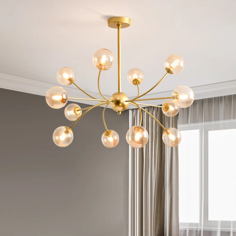 Bolvormige kroonluchterlamp postmodern rookgrijs/cognacglas 15 lampen goud gebogen plafondlamp Clearhalo