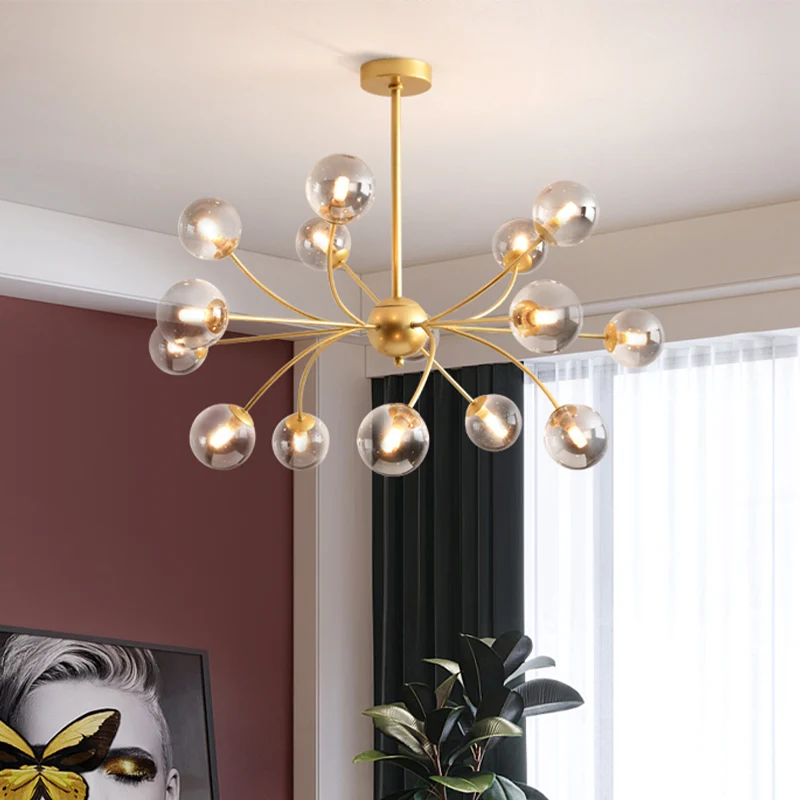 Bolvormige kroonluchterlamp postmodern rookgrijs/cognacglas 15 lampen goud gebogen plafondlamp Clearhalo