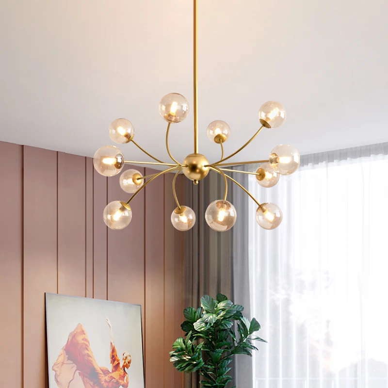 Bolvormige kroonluchterlamp postmodern rookgrijs/cognacglas 15 lampen goud gebogen plafondlamp Clearhalo