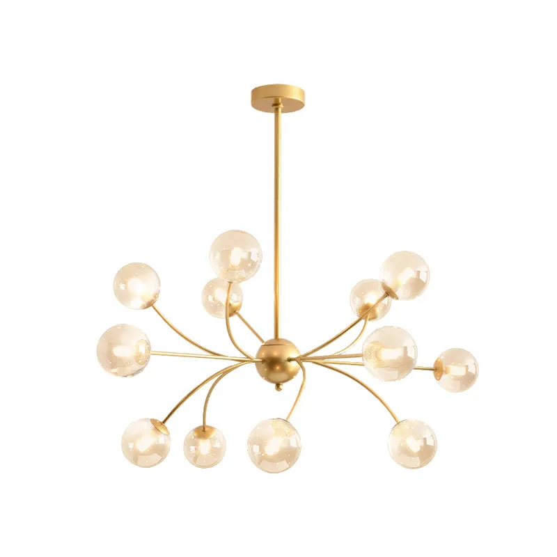Bolvormige kroonluchterlamp postmodern rookgrijs/cognacglas 15 lampen goud gebogen plafondlamp Clearhalo