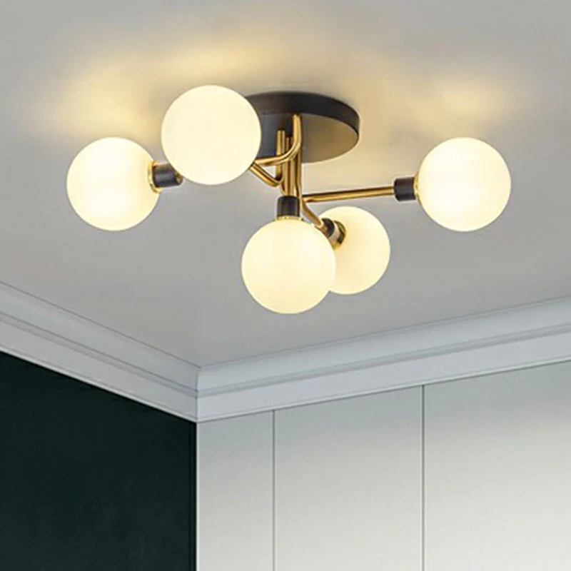 Bolvormige slaapkamerplafondlamp van glas, 5-lichts eigentijds semi-inbouwlamp zwart-messing Clearhalo